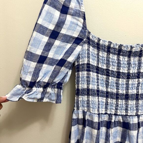 Reformation Marabella Linen Midi Dress Puff Sleeve Gingham Checkered Blue Size M - Picture 4 of 9